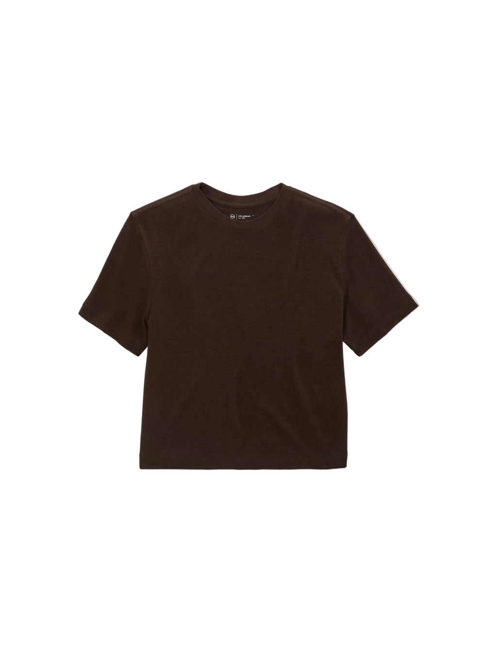 A dark brown short-sleeve crewneck t-shirt laid flat against a light gray background.