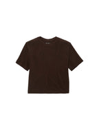 A dark brown short-sleeve crewneck t-shirt laid flat against a light gray background.