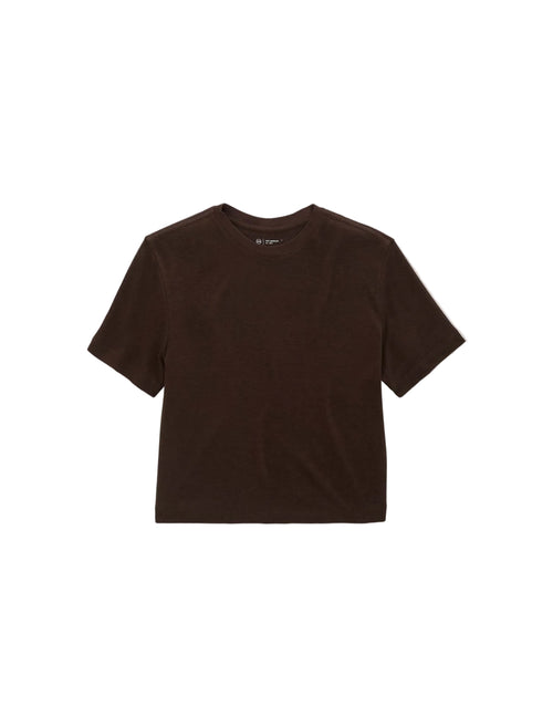 A dark brown short-sleeve crewneck t-shirt laid flat against a light gray background.