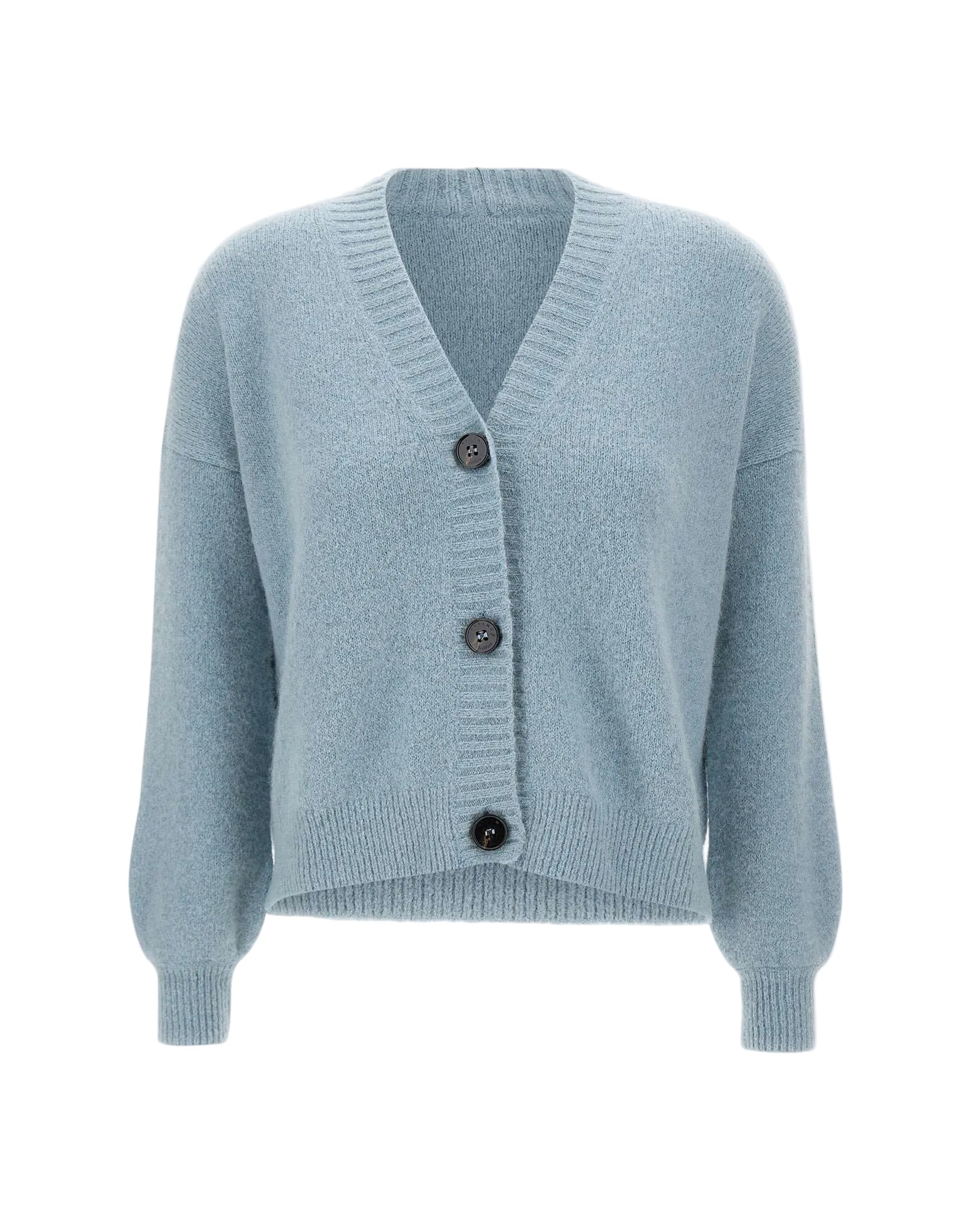 A light blue, long-sleeved cardigan with a V-neckline and ribbed hems, featuring contrasting maxi buttons.