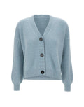 A light blue, long-sleeved cardigan with a V-neckline and ribbed hems, featuring contrasting maxi buttons.