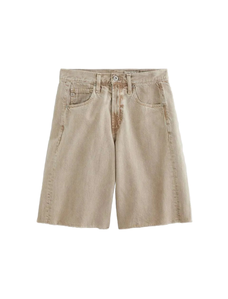 Beige denim shorts on a light gray background