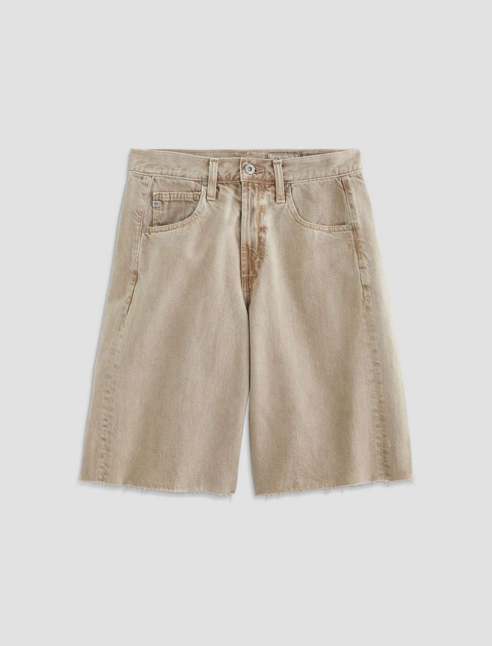 Beige denim shorts on a light gray background