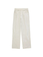 Off-white straight-leg denim jeans shown flat against a light gray background.