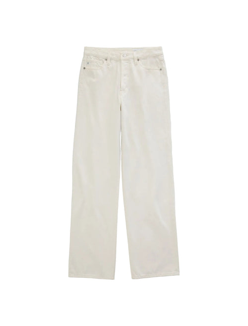 Off-white straight-leg denim jeans shown flat against a light gray background.