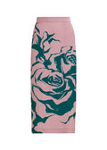 essentiel antwerp Pink pencil skirt with green rose pattern on a white background