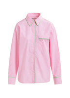 Pink striped shirt with white trim on a white background