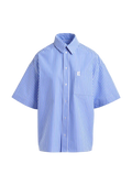 Blue and white striped shirt with a logo on a light gray background
