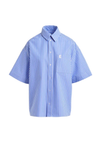 Blue and white striped shirt with a logo on a light gray background