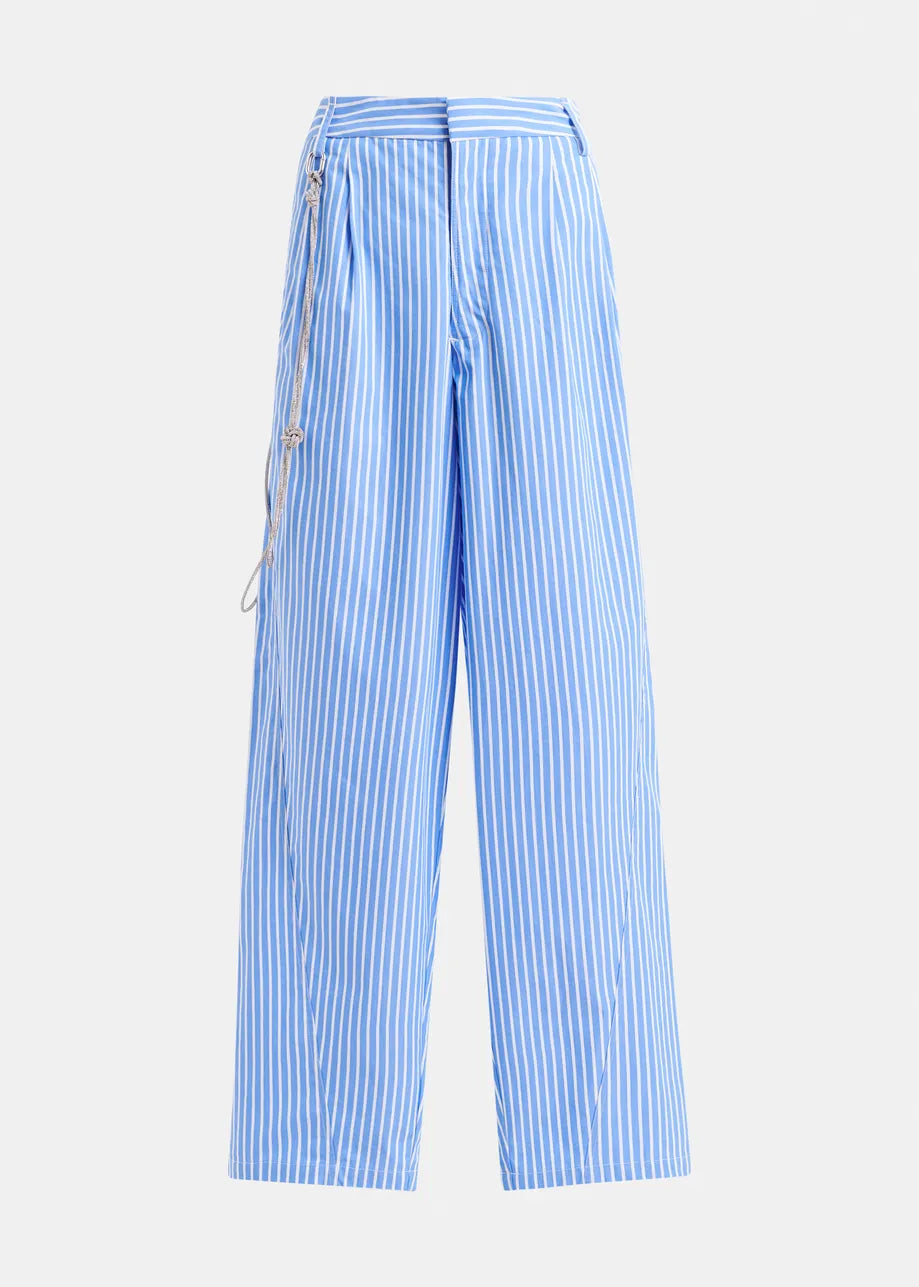 Blue and white striped pants on a light gray background
