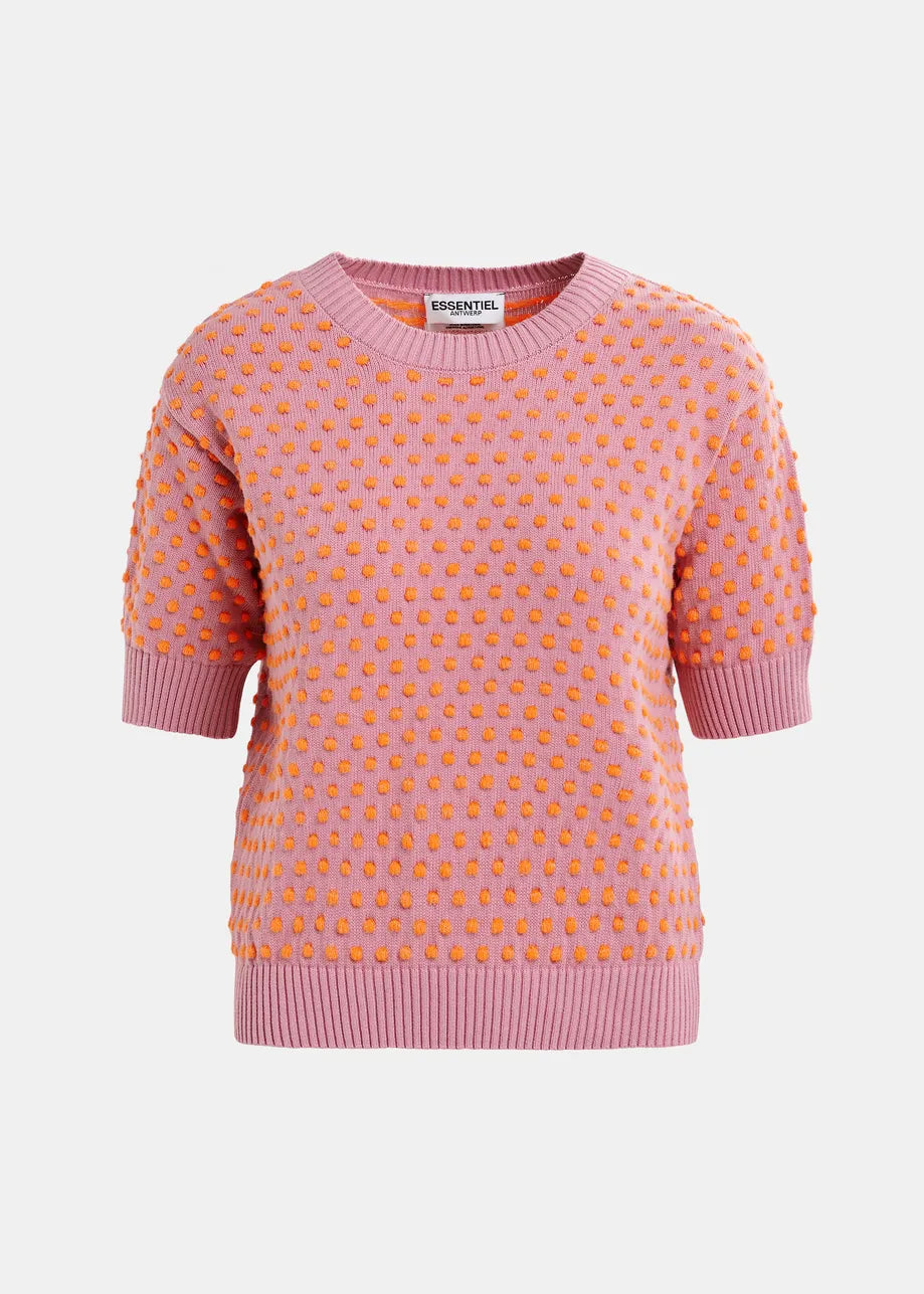 short-sleeve jacquard knit top in a mauve color with ribbed trims and contrasting orange dots,