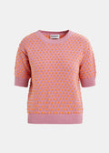 short-sleeve jacquard knit top in a mauve color with ribbed trims and contrasting orange dots,