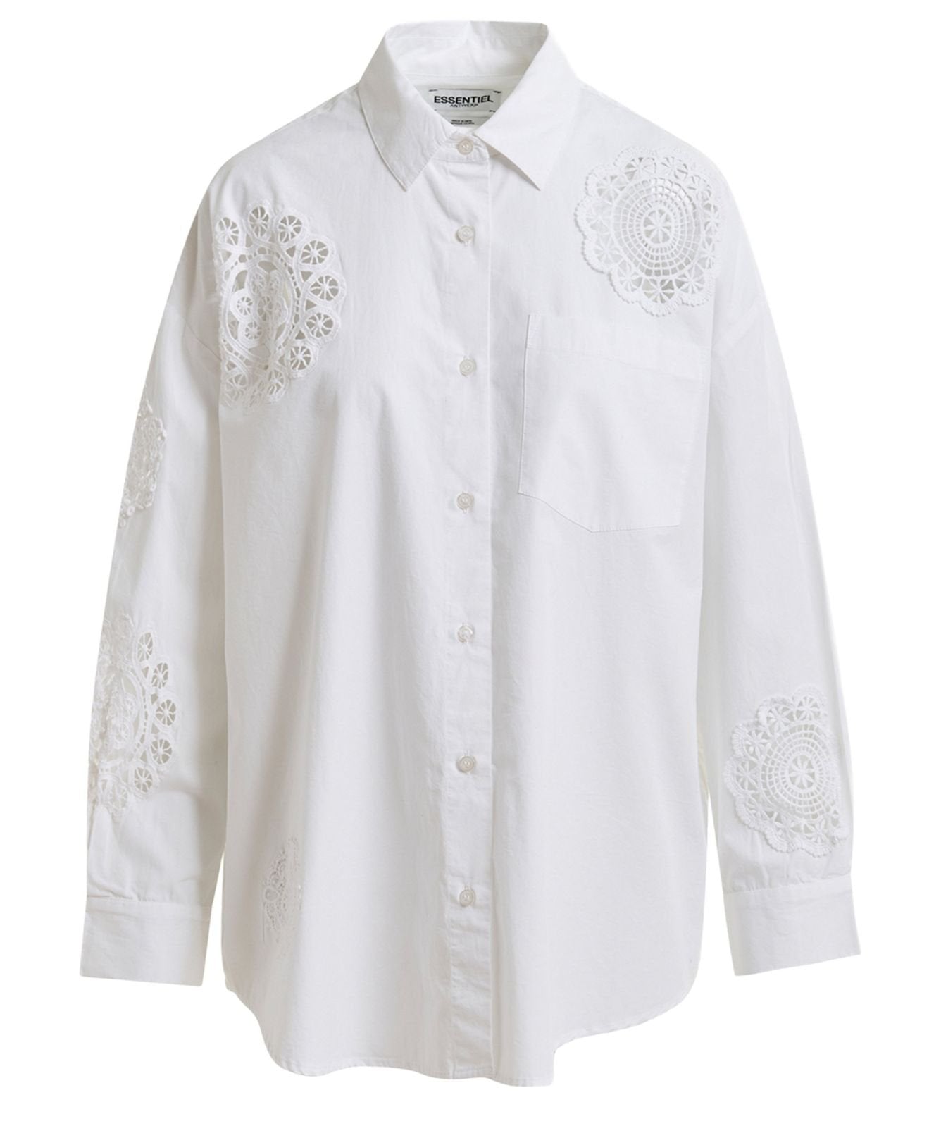 White shirt with intricate embroidery on a white background