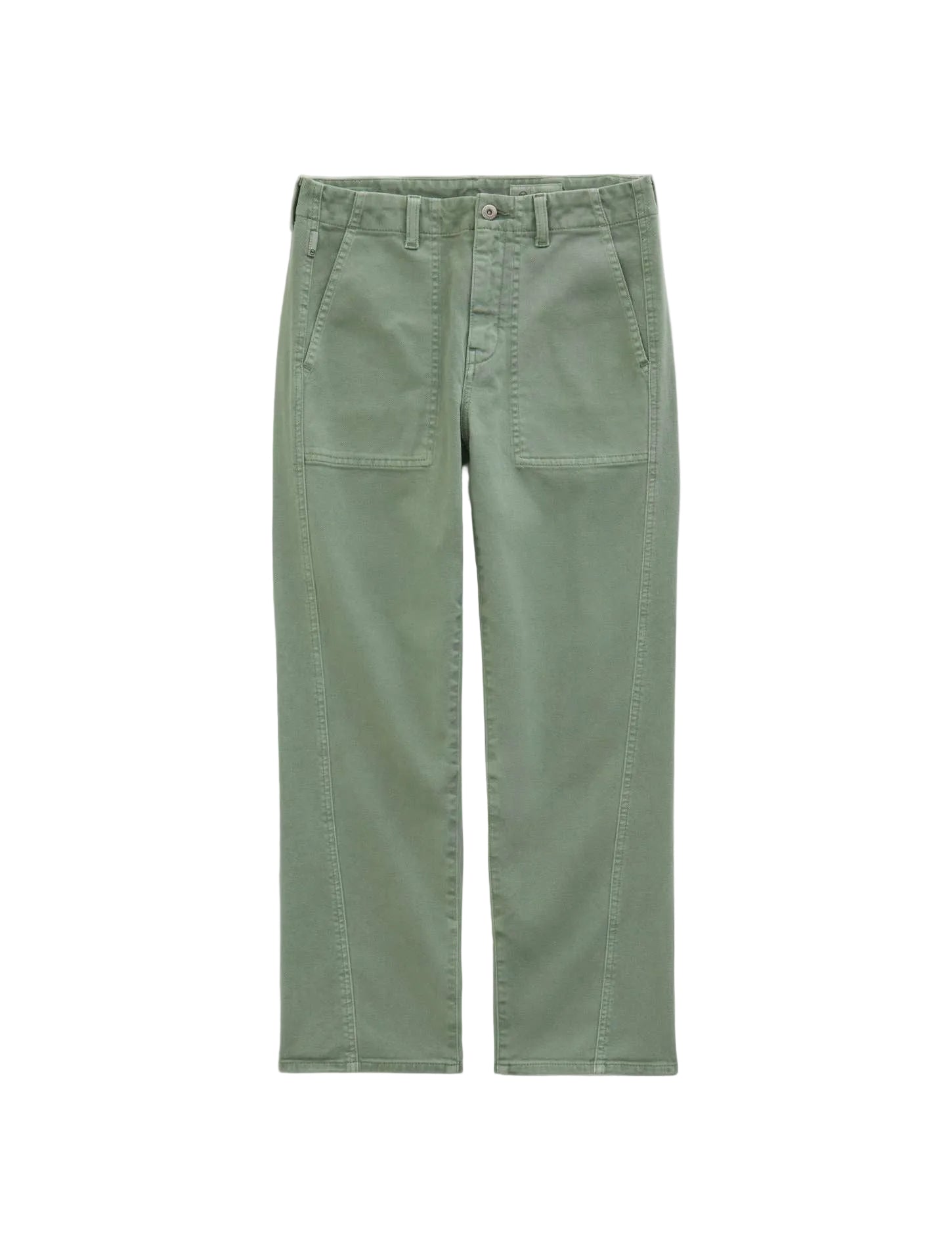 A pair of sage green straight-leg jeans laid flat against a light gray background.
