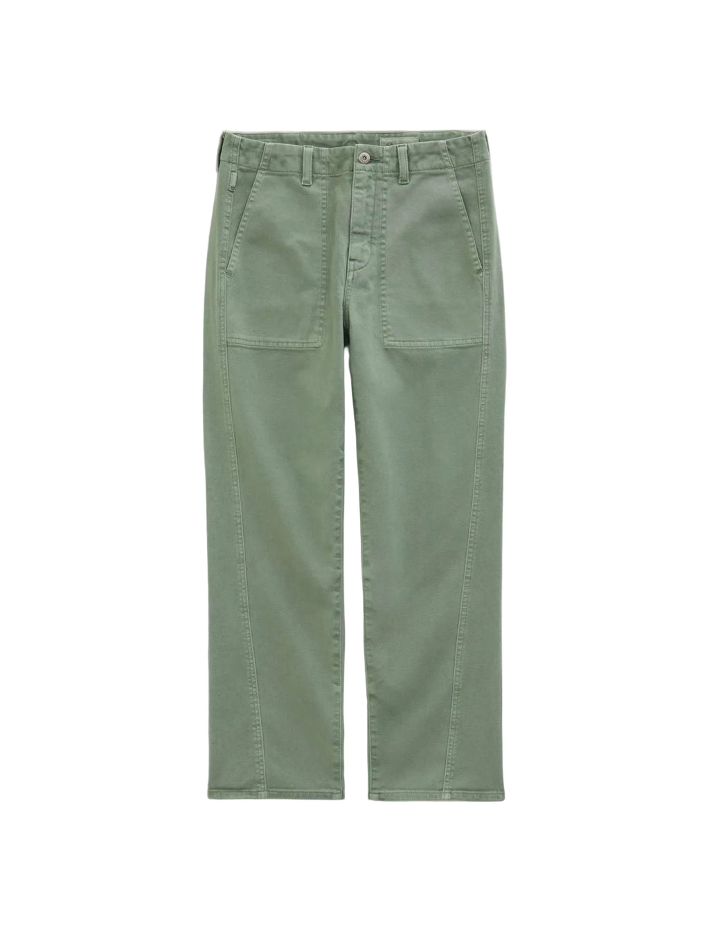 A pair of sage green straight-leg jeans laid flat against a light gray background.