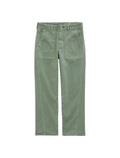 A pair of sage green straight-leg jeans laid flat against a light gray background.