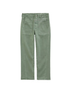 A pair of sage green straight-leg jeans laid flat against a light gray background.