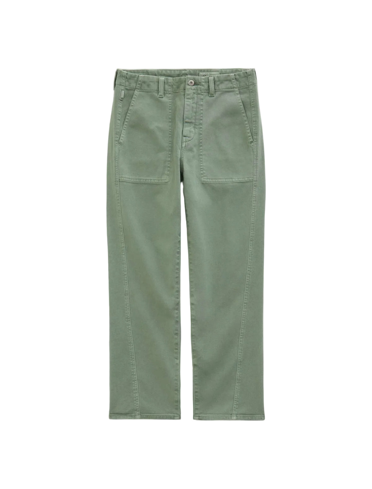 A pair of sage green straight-leg jeans laid flat against a light gray background.