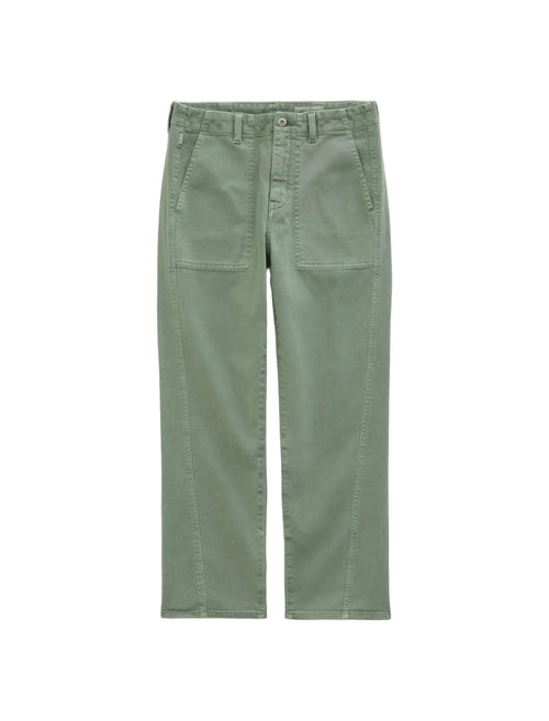 A pair of sage green straight-leg jeans laid flat against a light gray background.