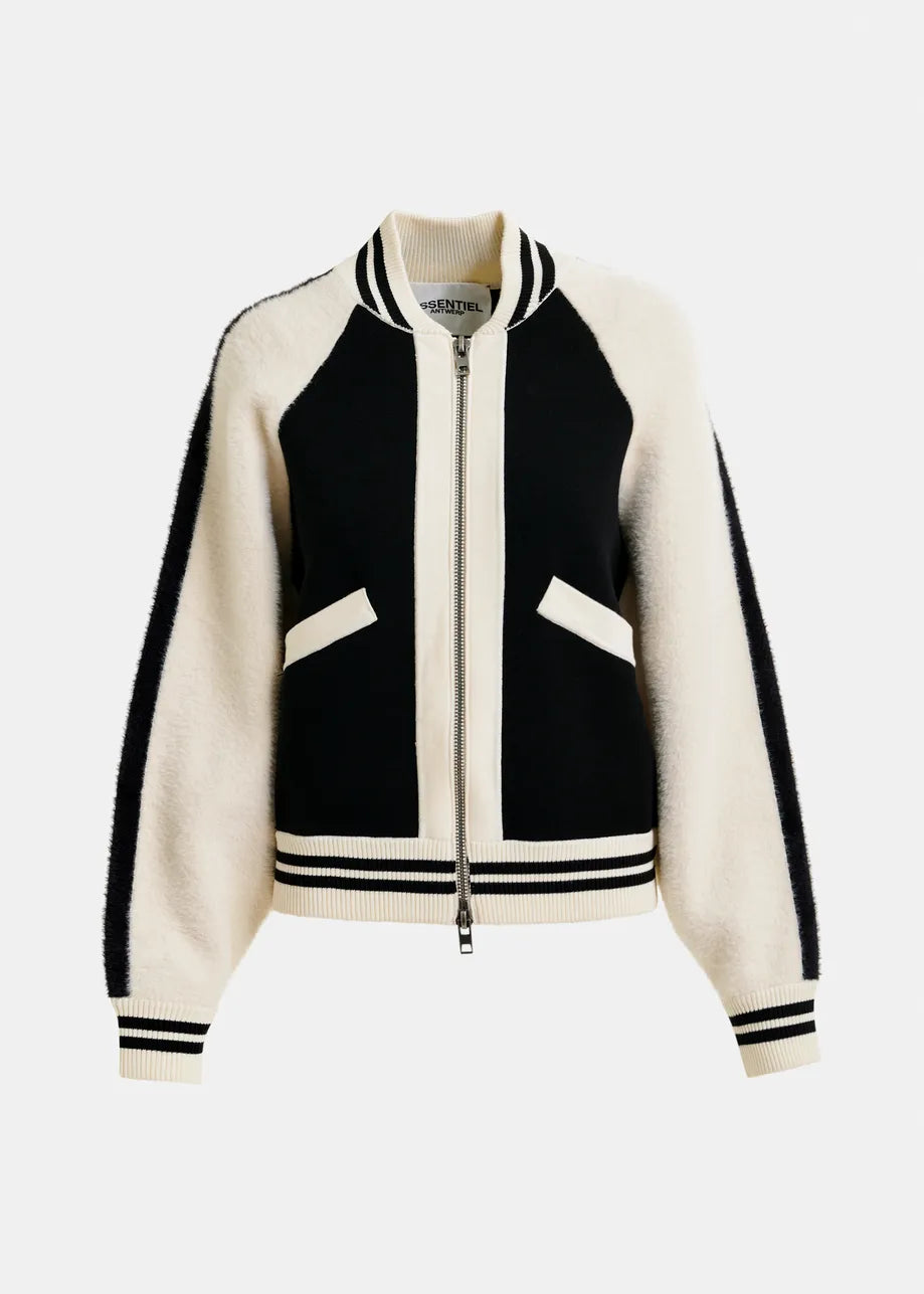 Black and white bomber jacket on a light gray background
