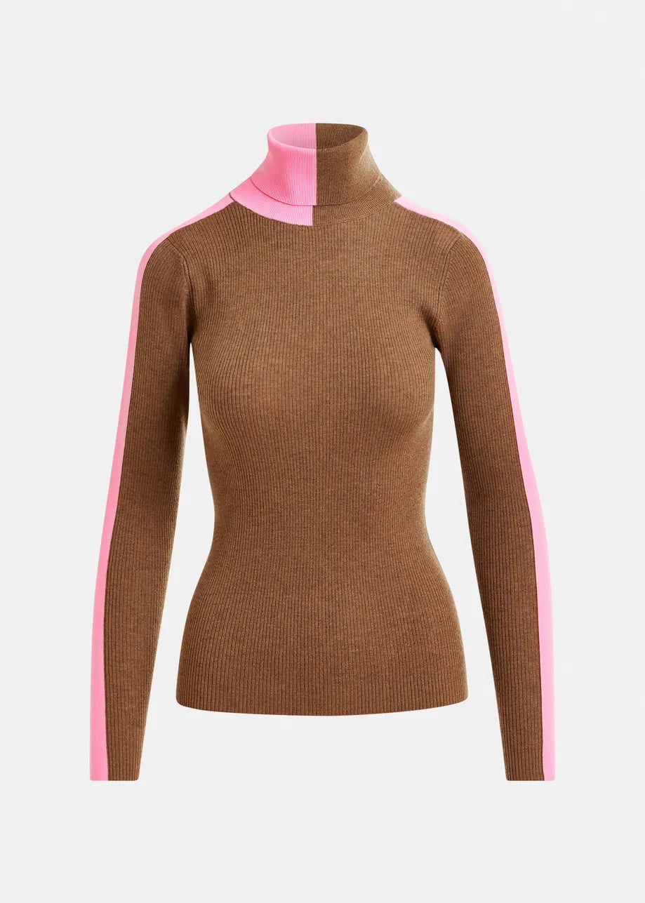 Brown turtleneck sweater with pink accents on a light gray background