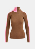Brown turtleneck sweater with pink accents on a light gray background