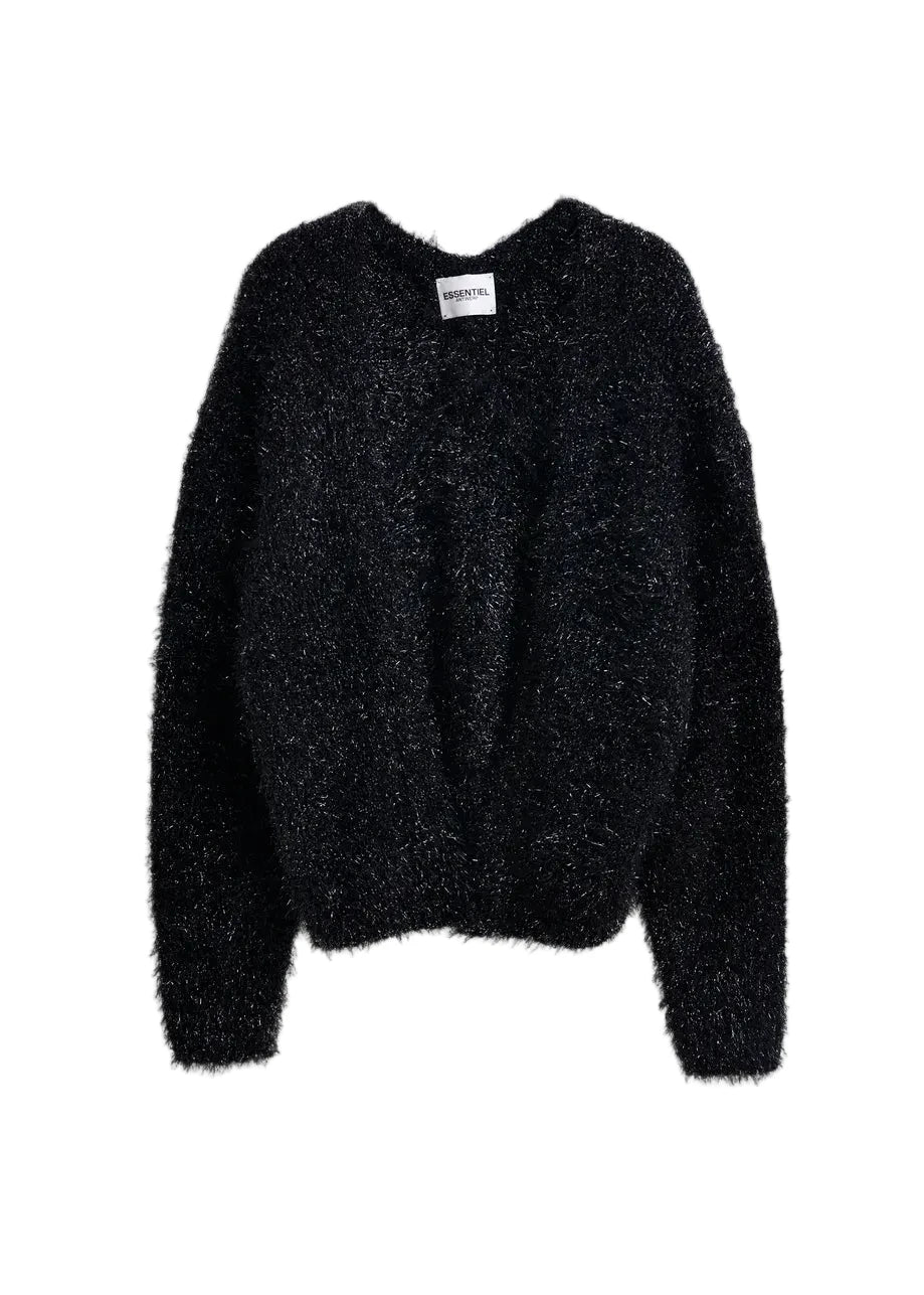 Black fuzzy sweater on a light gray background