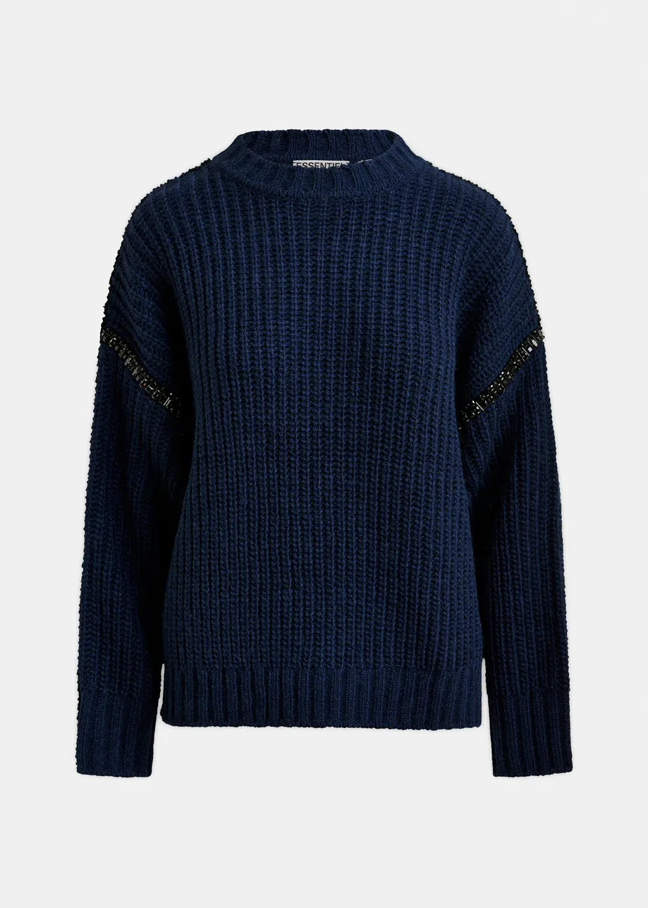 Navy blue sweater with gold text on sleeves against a white background