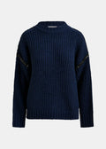 Navy blue sweater with gold text on sleeves against a white background