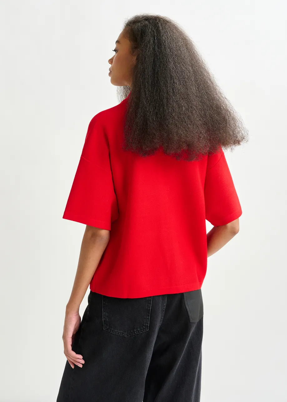 Person wearing a red shirt and black pants on a white background