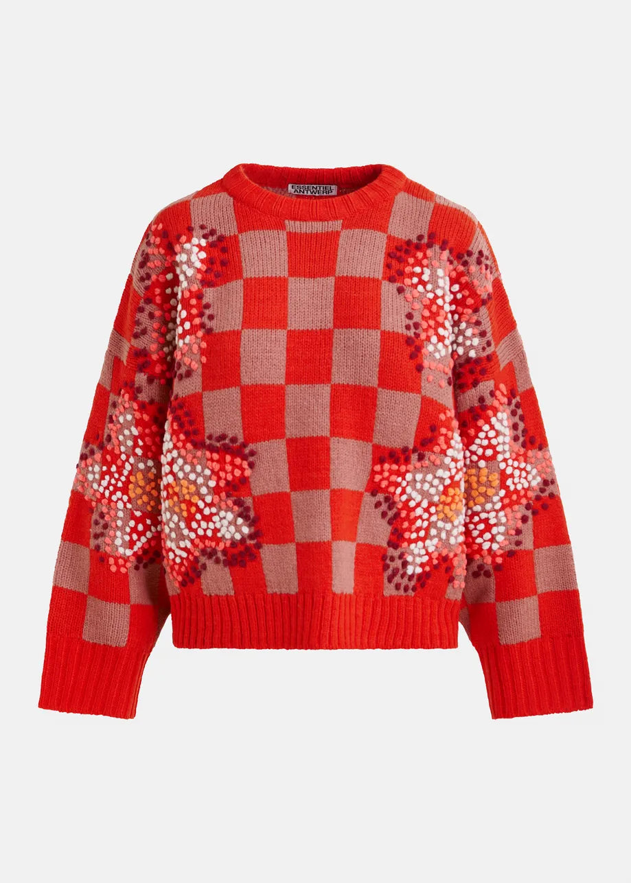 Red checkered sweater with sequin details on a white background