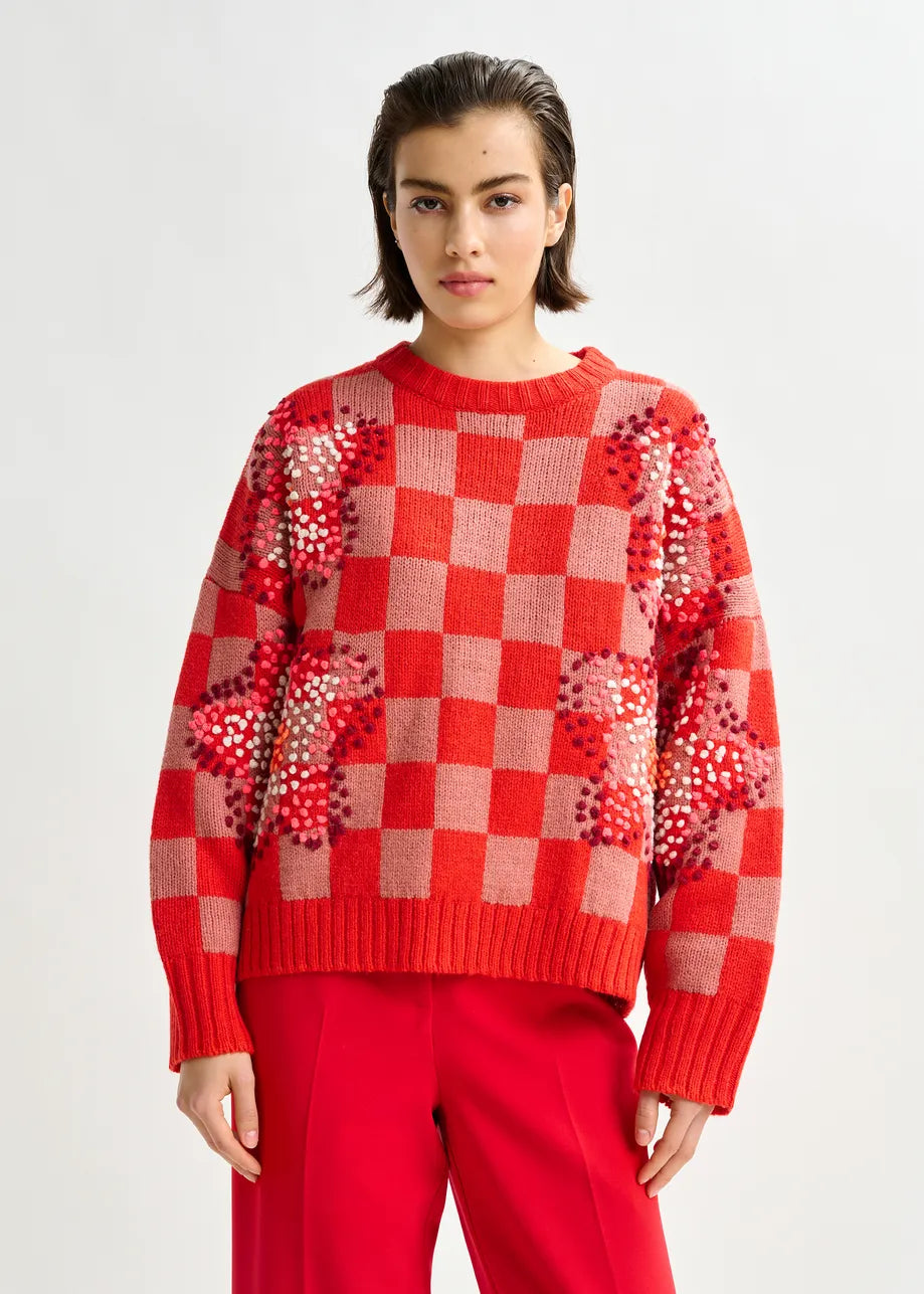 Person wearing a red checkered sweater with sequin details on a white background