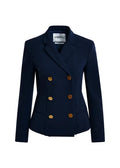 Navy blue blazer with gold buttons on a white background