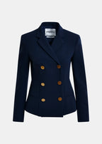 Navy blue blazer with gold buttons on a white background