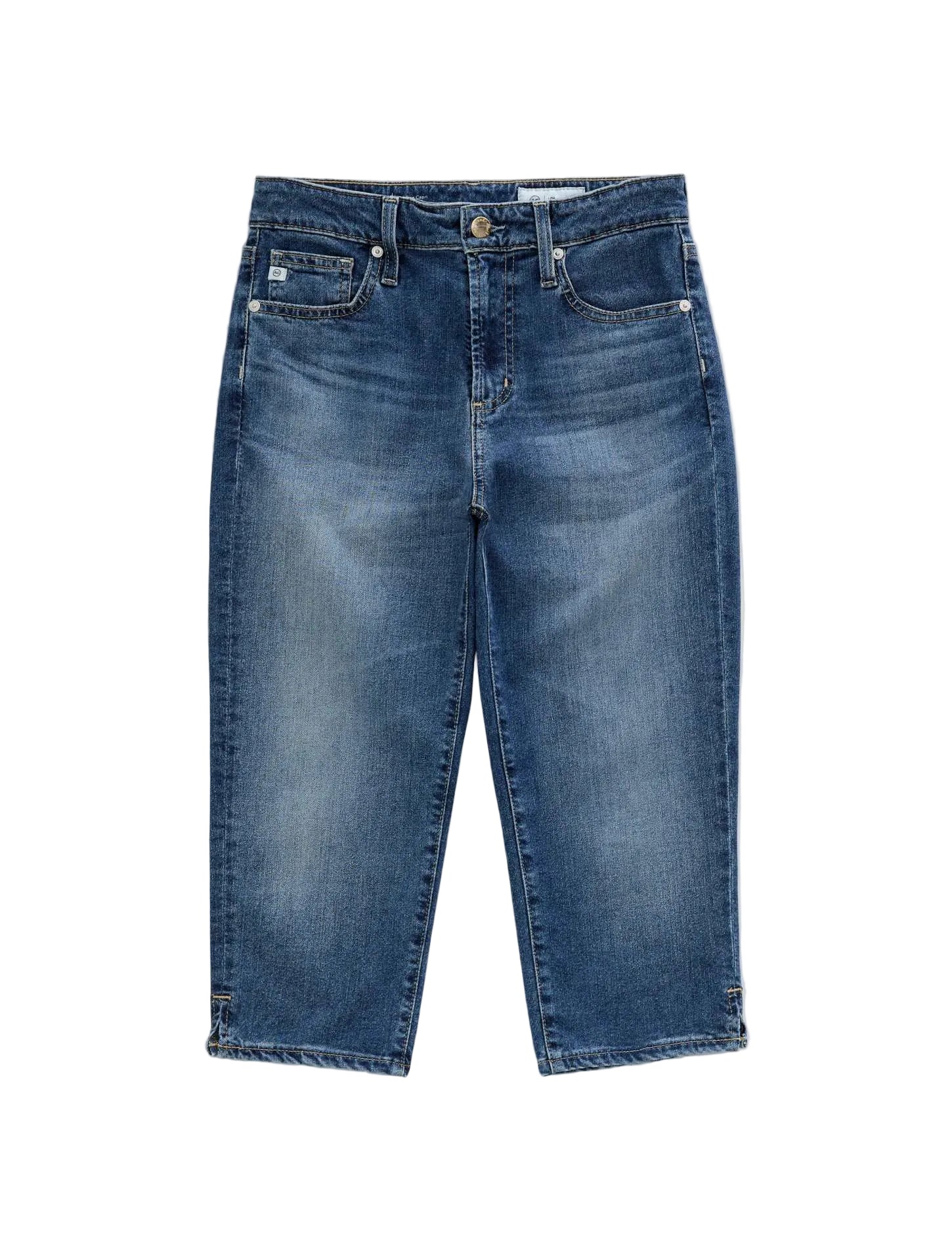 A pair of medium wash blue denim jeans with whiskering and subtle fading on the thighs, laid flat against a light gray background.