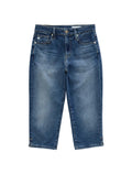 A pair of medium wash blue denim jeans with whiskering and subtle fading on the thighs, laid flat against a light gray background.