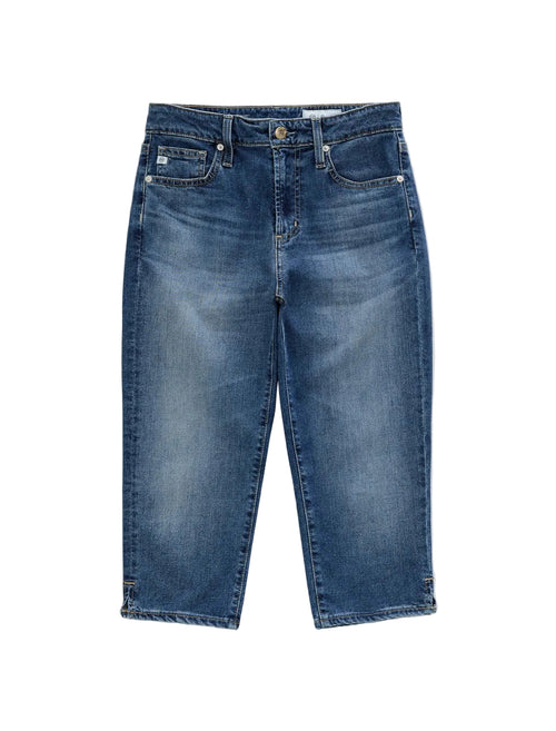 A pair of medium wash blue denim jeans with whiskering and subtle fading on the thighs, laid flat against a light gray background.