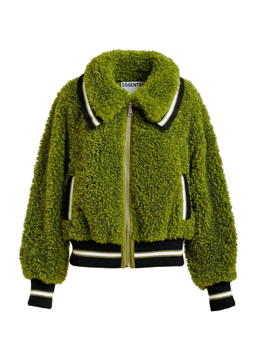 Green fluffy jacket with reflective stripes on a white background