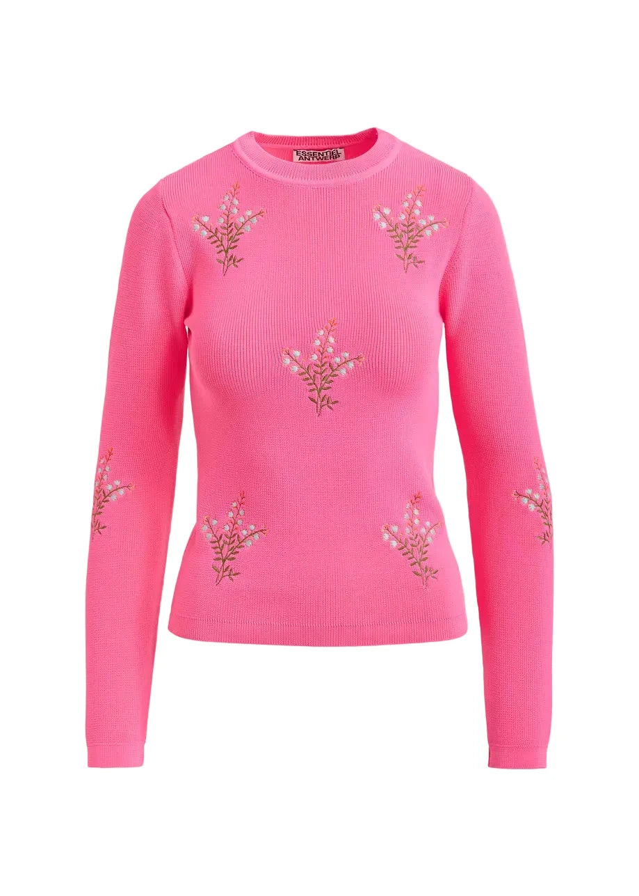 Pink sweater with floral embellishments on a light gray background.JARDENS-CO17