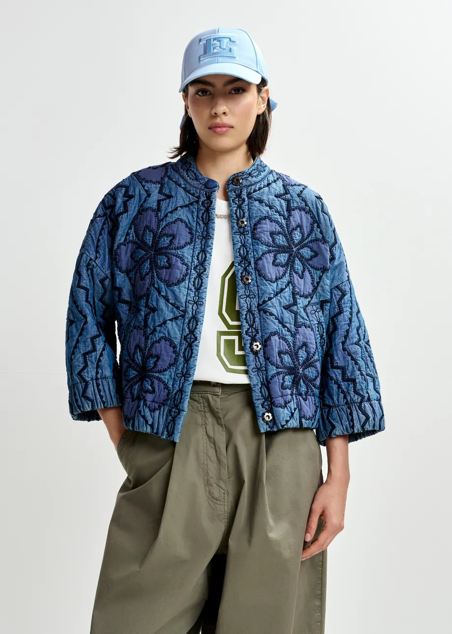 Jatropha quilted embroidered cropped denim jacket