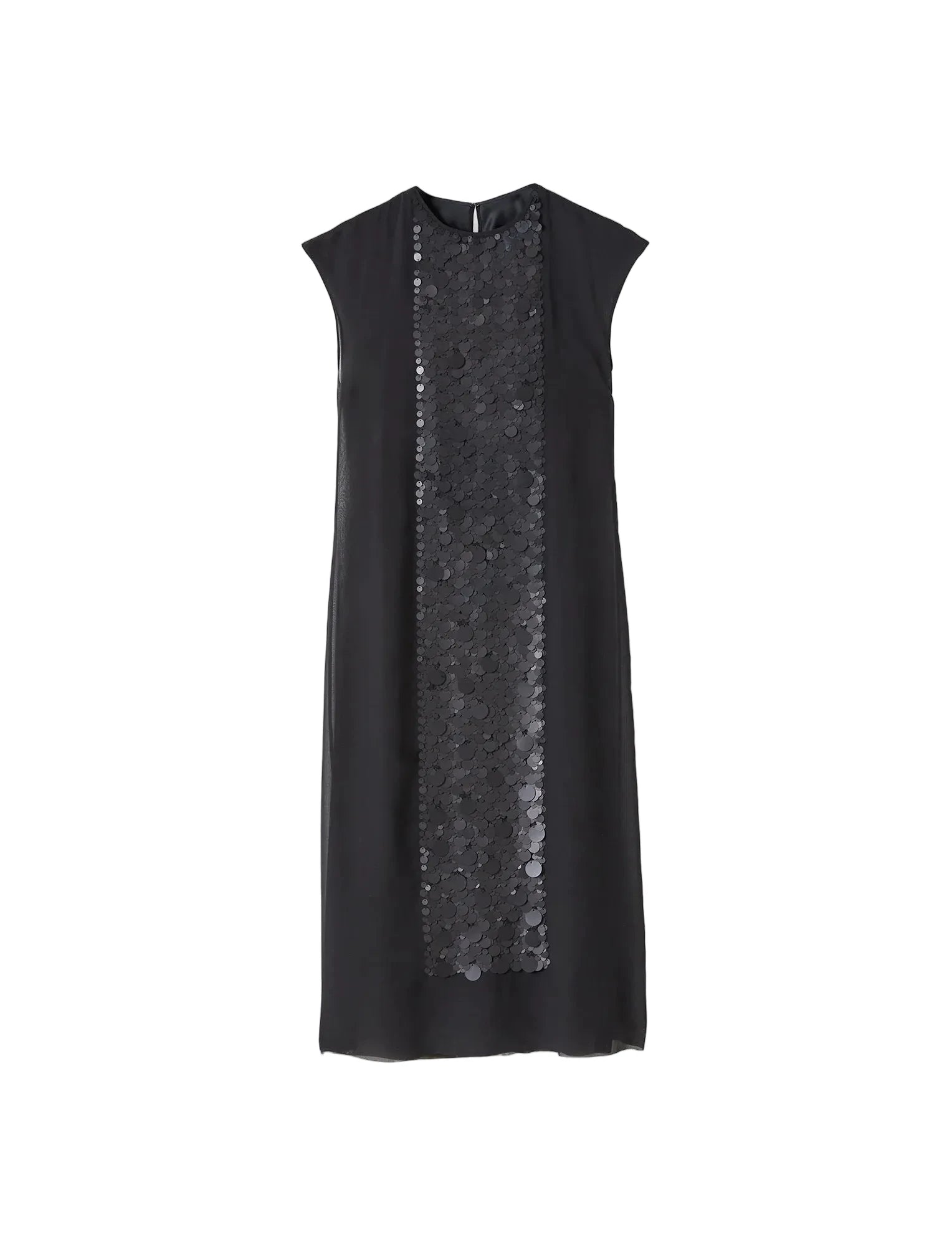 Black dress with sequin panel on a light gray background