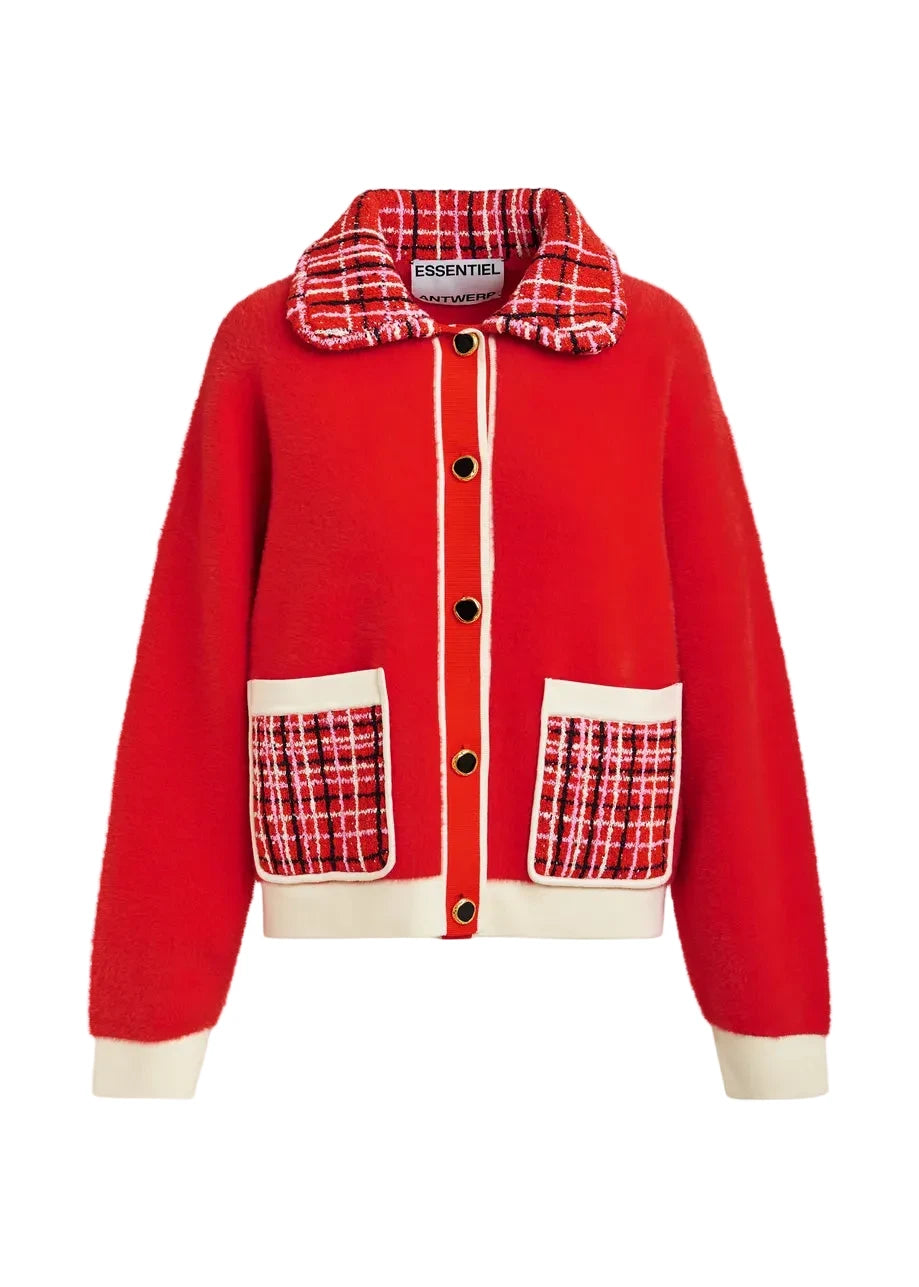 Red jacket with plaid accents on a white background