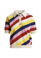 Colorful striped sweater with a brand label on a white background