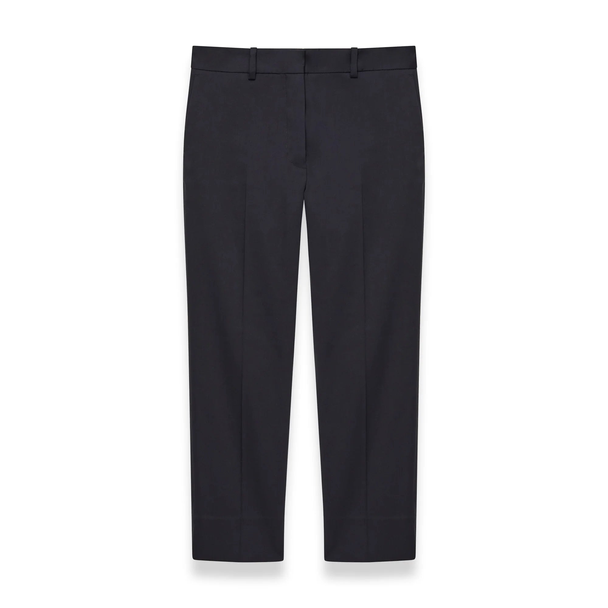 A pair of navy light gabardine stretch bing court trousers with side pockets and a small spit detail at the hem.