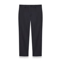 A pair of navy light gabardine stretch bing court trousers with side pockets and a small spit detail at the hem.