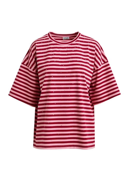 Red and white striped t-shirt on a light gray background