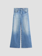 Blue denim wide-leg jeans on a light gray background