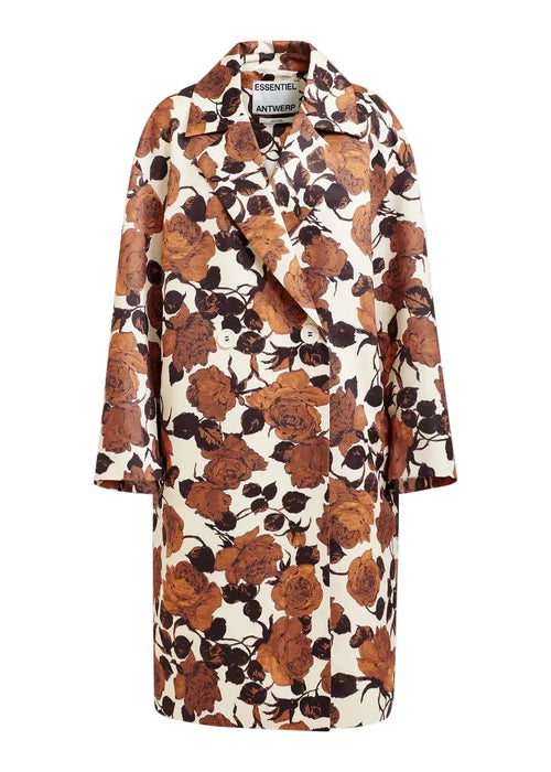 Floral patterned coat with brand label on a white background