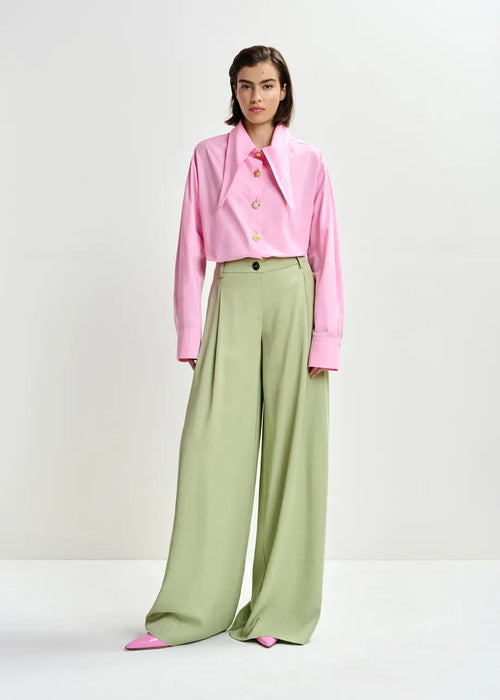Person wearing a pink blouse and green pants on a white background