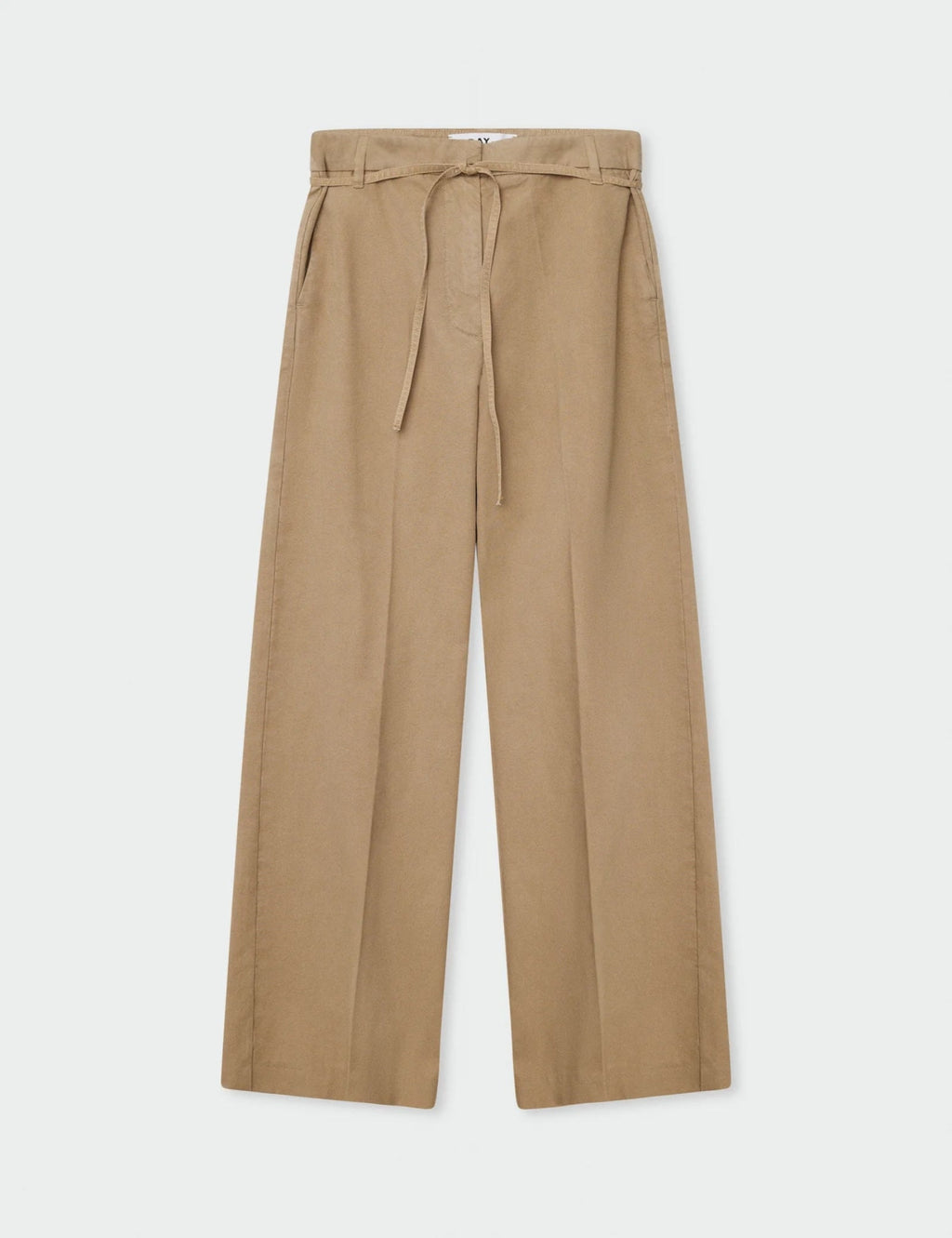 Beige wide-leg pants with a belt on a white background